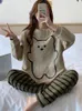 Women's Sleepwear Round Neck Long-Sleeved Print Pullover Top Striped Pants Bear 2Pcs Spring Fall Oversized Ladies Home Wear