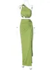 Arbetsklänningar Temuscola Tvåbita Set gröna kjolar för kvinnor Sexig en axel rygglös skörd topp bodycon delad ruched maxi kjol 2