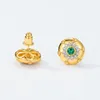 Light Luxury Vintage Fine Carved Flower 14k Yellow Gold Stud Earings Green Zircon Court Style Ancient Crafts Earrings for Women Jewelry