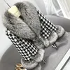 Fur Autumn Winter Women's Natural Fur Coat Vintage Real Silver/Red Fox Fur Collar Houndstooth Belted Wool Jacket Woman Warm Clothing
