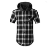 Men039s T Shirts Mens Plaid Extra Long Hoodie Shirt 2022 Fashion Men Short Sleeve Hip Hop Streetwear Harajuku For Chemise Homme9308222