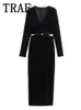 Traf Cut Out Velvet Midi Dress Woman Black Elegant Long Dresses For Women 2023 Autumn Sleeve Evening Party 231222