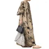 Vêtements ethniques 2023 Kaftan Cotton Linen Print V-Neck Simple Loose Casual Long Veled Veled Robes Sleeves Balloon Plus taille Femme Robe