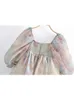 Sukienki Yenkye 2022 Fashion Women Retro Print Organza Princess Puff Rleeve Sukienka Elegancka kwadratowa szyja przyjęcie mini sukienka krótka szata