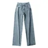 Calças retro de jeans femininos cruzaram as calças de bolso da perna largura de altura as calças de bolso