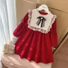 Flickaklänningar Autumn Long Sleeve Dress for Red Vintage Clothes Girls Birthday Party Christ Christmas Vestido Robe Q140