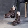 Botas de couro feminino Lace Up Boots-Women Sapatos redondos de dedo do dedo do pé