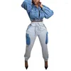 Women's Pants Imitation Denim 3D Pockets Cargo 2023 Autumn Fashion Casual Elastic High Waist Sweatpants Streetwear Lounge Wear