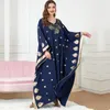 Ethnic Clothing 2023 Elegant Autumn Winter Muslim Women Blue Gold Printing Bat Sleeve Loose Long Dresses Robe Abaya Dubai Arabic