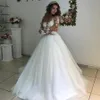 Elegante kanten appliques lange mouwen trouwjurken baljurken zie door witte tule bruidsjurk Vestidos de novias