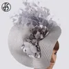 FS Imitation Straw Big Derby Hat Hat for Wedding Women White Flower Headpiece Beading Qualact