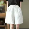 Short féminin coton lin femme d'été solide vintage élastique taise large pantalon de jambe décontractée à cinq points de vêtements