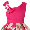 Flickor klänningar skeva axlar barn i ett stycke klänning rostryck kväll semester prestanda kjol grön röd rosa f864#