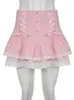 Dresses IAMHOTTY Coquette Aesthetic Mini Skirt Pink Cascading Ruffle Aline Buttons Laceup Kawaii Skirts Japanese Fairycore Outfit Y2K