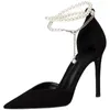 Dress Shoes Black Hoge Heel 2024 Pumps Stiletto Pointed Toe Pearl Anklets High-End Fashionable Comfortable Dames's