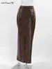 Mnealways18 Vintage Brown PU lange warme Röcke Weibliche Knöchellänge Faux Leder Office Damen geteilt solide Straight 231222