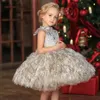 2024 Puffy Princess Flower Girl Dress Luxury Feather O- Neck ärmlös Baby Birthday Party Ball klänning Barn Första nattvardsblod