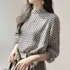 Kvinnors blusar Design Print Chiffon Shirt Spring Summer Fashion Blue 2023 Koreansk stil Elegant rund hals långärmad casual för kvinnlig