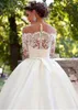 Stunning Tulle Off the Shoulder Sheer Jewel Neckline Ball Gown Wedding Dresses with Belt Long Sleeves Bridal Gown vestido de fiesta