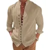 Camisas casuais masculinas Retro algodão e linho de linho solto de mangas compridas