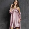 Women's Sleepwear Women Lace Floral Homewear 2Pcs Kimono Bathrobe Gown Intimate Lingerie Loose Sleepwear Silk Satin Nightwear Spaghetti Strap T231223