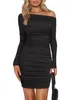 Abiti casual bodycon mini abito arricciati da donna a manica lunga collo fuori spalla sottile club party club stende corto