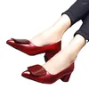 Dress Shoes Red Thick Heel High Heels Women Spring Pointed Toe Work Square Buckle Slip-on Small Leather