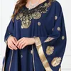 Ethnische Kleidung 2023 Eleganter Herbst Winter Muslim Frauen Blau Gold Druck Fledermaushülle Lose lange Kleider Robe Abaya Dubai Arabisch