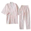 Frauen Nachtwäsche drei viertel Ärmeln japanische Kimono-Pyjamas für Frühlings- und Herbst-Baumwoll-Haus tragen Cartoon süßes zweiteiliges Set