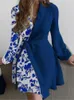 Vestidos casuais manga longa A-line Midi Dress Clowuting Fashion Print V Neck Sack Party Party Elegant Bandage Slim Women Blazer