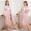 Roupa de sono feminina rosa Kimono Bathrobe Sexy Lace Tobe Robe Women Women Sleepwear Longa Casa de campainha de noiva de Bride Oversize 3xl 4xl 5xl T231223