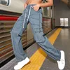 Jeans femininos 2023 Para mulheres, ele levantando calças de jeans reta de perna reta com vários bolsos pantalones de mujer