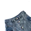 Rokken vintage gewassen blauw werkkleding feel zak hoge taille multi-borsten gebroken gat middelste lengte a-line denim rok