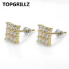 TOPGRILLZ Hip Hop 3Row Cubic Zircon Square Stud Earrings Men Women Jewelry Gold Silver Color CZ Earring With Screw Back Buckle261H