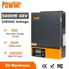 Onduleur de démarrage de voiture PowMr hybride 5KW 48V 220V hors réseau, onduleur à onde sinusoïdale pure 5000W avec contrôleur de chargeur solaire MPPT 80A USB