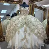 Sparky ivory 3d fleurs hors de l'épaule quinceanera robe appliquaire en dentelle applique perles princesse Bouche à ballère pour la lacets de robe douce 16 robes