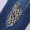 Frauen Jeans Leopardendrucklöcher in der elastischen Taille Jeanshose Weitbein Hosen Ästhetik sexy gerade