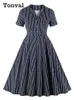 Klänningar tonval marinblå knapp knapp front randig vintage bomull midi klänningar för kvinnor 2022 hög midja ficksidan veckad klänning sommar