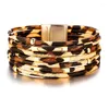 Bangle 1pc Casual Leopard Print Bracelet Pu Leather Stackable Wrap Wristband Magnetic Buckle Gift Jewelry Holiday Decoration