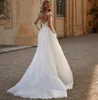 Boho en linje bröllopsklänning 2024 för brud illusion tillbaka v halspärlor spetsar blommor brud kvinnliga klänningar vestido de novia robe de mariage