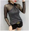 T-shirt 2020 Nuova primavera Autumn Autumn Autunno Patchwork Sexy Mesh Patchwork Shiny Thirt Women Tops Ropa Mujer Shirt a fondo in oro vivo Tees T9D004