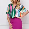 Blouses pour femmes Short Shirt Summer Stripe Print Pullover Loose V-Neck Contrast Blouse Blouse Office Lady Fashion Streetwear 2024