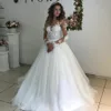 Elegante kanten appliques lange mouwen trouwjurken baljurken zie door witte tule bruidsjurk Vestidos de novias