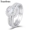 TransGems Solid 10K White Gold Engagement Bridal Set Center 1ct 6MM Square Cushion Cut Halo Moissanite Ring Set for Women Y200620242S