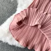 Casual Dresses Spring Autumn Long Sleeve Pleated Dress Women A Line Large Hem Lady Stand Collar Pink Bottom Vestido With Belt