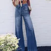 Jeans pour femmes grande taille de taille élastique de la taille élastique Botggy for women strety haut a été pantalon de cargaison lavé bleu