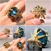 Cluster Rings Fishion 14K Gold Color Sapphire Gemstone Ring For Women Peacock Blue Topaz Stone Dainty 925 Jewelry Birthday Gift Mom D Dheb2
