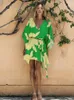 Klänningar 2022 Sexig Bohemian Print Self Belt Mini Dress Tunic Women Clothing Summer Beachwear Casual High Street Dresses A1014