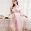 Roupa de sono feminina rosa Kimono Bathrobe Sexy Lace Tobe Robe Women Women Sleepwear Longa Casa de campainha de noiva de Bride Oversize 3xl 4xl 5xl T231223