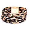 Bangle 1pc Casual Leopard Print Bracelet Pu Leather Stackable Wrap Wristband Magnetic Buckle Gift Jewelry Holiday Decoration